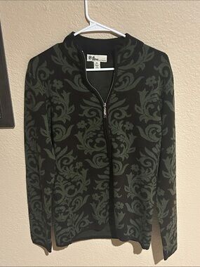 Neve Designs Wool Zip Jacket Womens M Green Black Damask Lightweight Cardigan